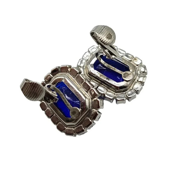 Large Silver Tone Blue Clear Rhinestone Clip Earrings Vintage 1" - Picture 5 of 5